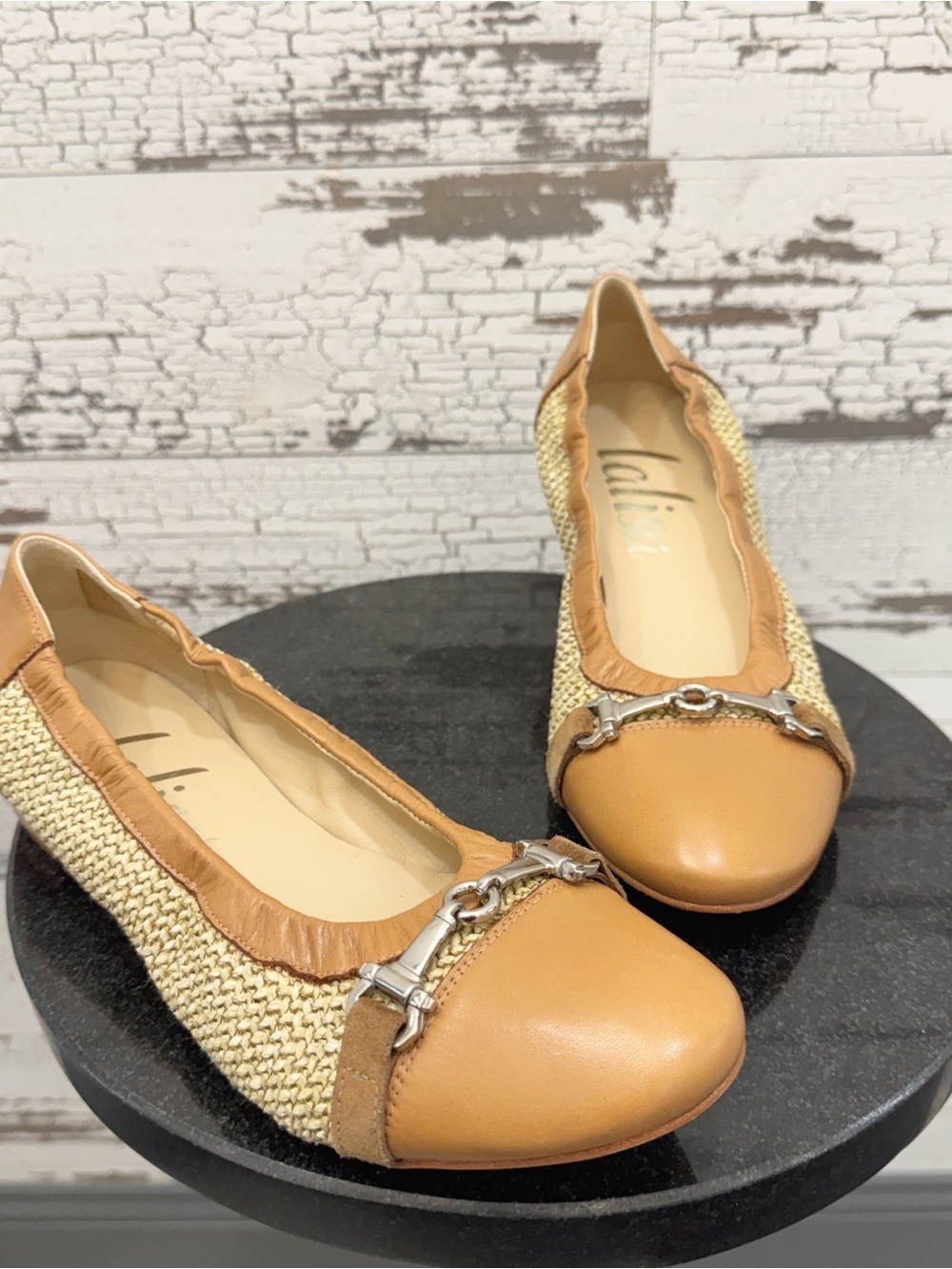 Lalisa Chloe Tan Camel Leather Raffia Tweed Ballet Ballet Flats